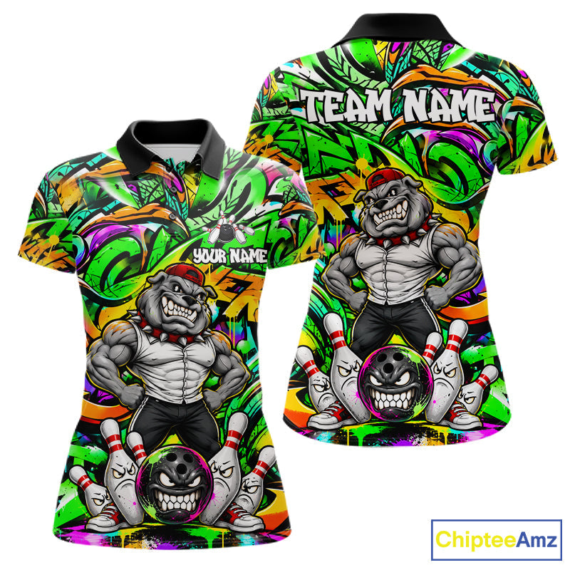Funny Bowling Polo 1/4-Zip Shirt Custom Angry Bulldog Green Graffiti Bowling Jersey