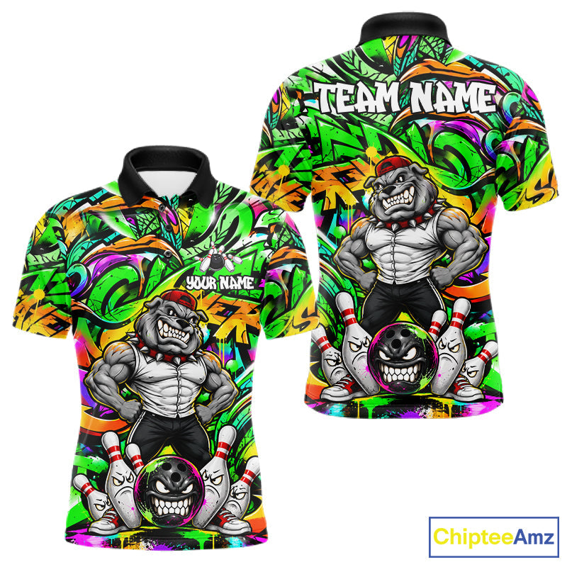 Funny Bowling Polo 1/4-Zip Shirt Custom Angry Bulldog Green Graffiti Bowling Jersey