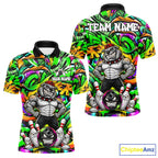 Funny Bowling Polo 1/4-Zip Shirt Custom Angry Bulldog Green Graffiti Bowling Jersey