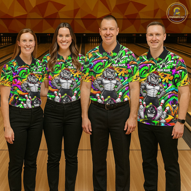 Funny Bowling Polo 1/4-Zip Shirt Custom Angry Bulldog Green Graffiti Bowling Jersey
