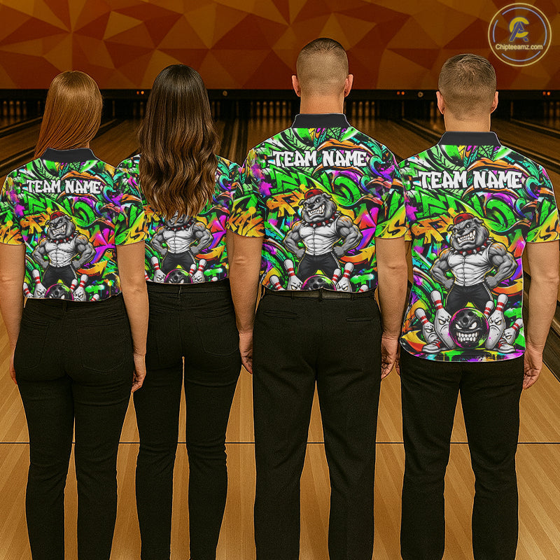 Funny Bowling Polo 1/4-Zip Shirt Custom Angry Bulldog Green Graffiti Bowling Jersey
