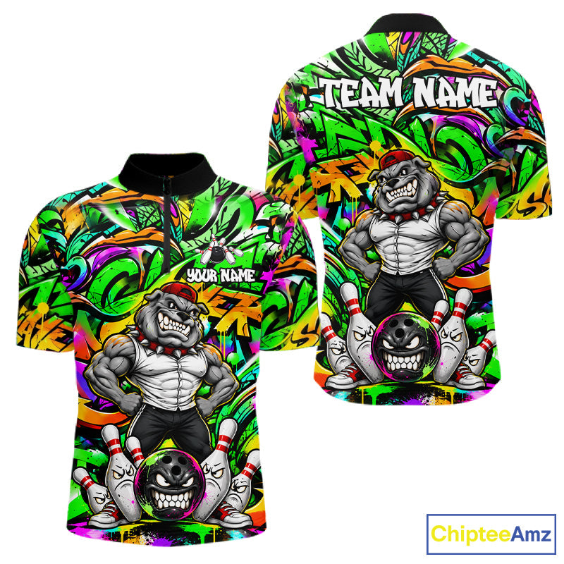 Funny Bowling Polo 1/4-Zip Shirt Custom Angry Bulldog Green Graffiti Bowling Jersey