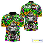 Funny Bowling Polo 1/4-Zip Shirt Custom Angry Bulldog Green Graffiti Bowling Jersey