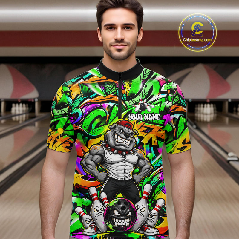Funny Bowling Polo 1/4-Zip Shirt Custom Angry Bulldog Green Graffiti Bowling Jersey