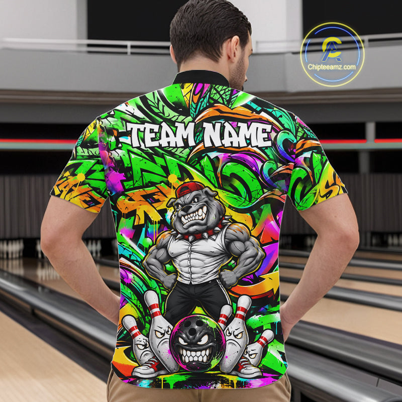 Funny Bowling Polo 1/4-Zip Shirt Custom Angry Bulldog Green Graffiti Bowling Jersey