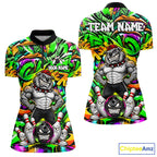 Funny Bowling Polo 1/4-Zip Shirt Custom Angry Bulldog Green Graffiti Bowling Jersey