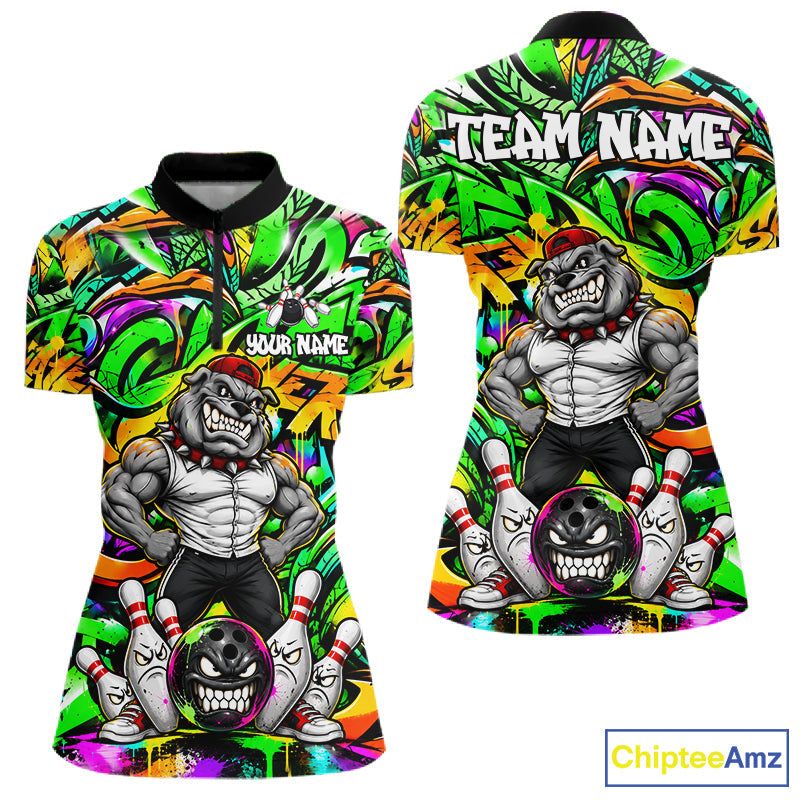 Funny Bowling Polo 1/4-Zip Shirt Custom Angry Bulldog Green Graffiti Bowling Jersey