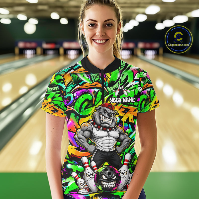 Funny Bowling Polo 1/4-Zip Shirt Custom Angry Bulldog Green Graffiti Bowling Jersey