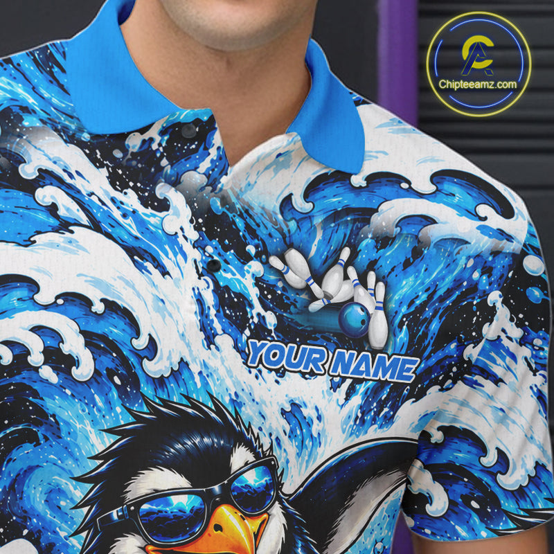Custom Penguin Bowling Jersey Blue Wave Funny Bowling Polo 1/4-Zip Jersey Bowler Gift