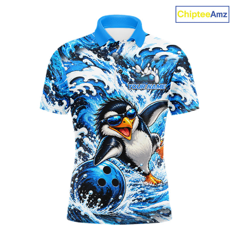 Custom Penguin Bowling Jersey Blue Wave Funny Bowling Polo 1/4-Zip Jersey Bowler Gift