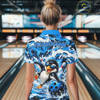 Custom Penguin Bowling Jersey Blue Wave Funny Bowling Polo 1/4-Zip Jersey Bowler Gift