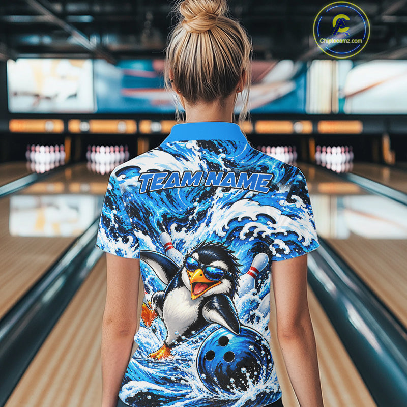 Custom Penguin Bowling Jersey Blue Wave Funny Bowling Polo 1/4-Zip Jersey Bowler Gift