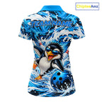 Custom Penguin Bowling Jersey Blue Wave Funny Bowling Polo 1/4-Zip Jersey Bowler Gift