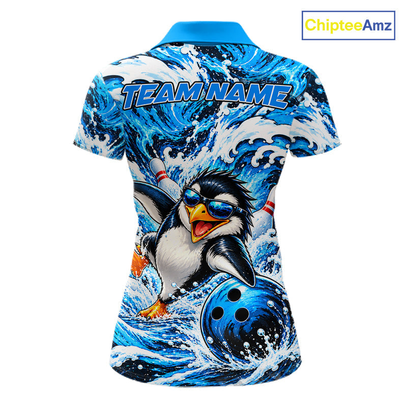Custom Penguin Bowling Jersey Blue Wave Funny Bowling Polo 1/4-Zip Jersey Bowler Gift