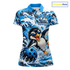 Custom Penguin Bowling Jersey Blue Wave Funny Bowling Polo 1/4-Zip Jersey Bowler Gift