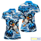 Custom Penguin Bowling Jersey Blue Wave Funny Bowling Polo 1/4-Zip Jersey Bowler Gift