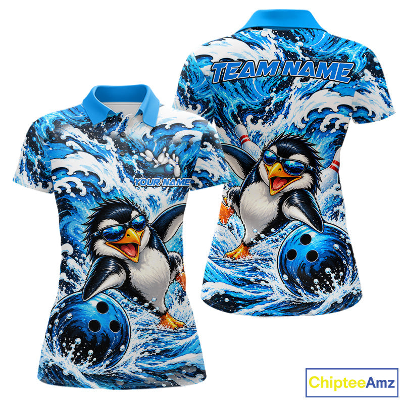 Custom Penguin Bowling Jersey Blue Wave Funny Bowling Polo 1/4-Zip Jersey Bowler Gift