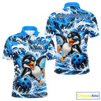 Custom Penguin Bowling Jersey Blue Wave Funny Bowling Polo 1/4-Zip Jersey Bowler Gift