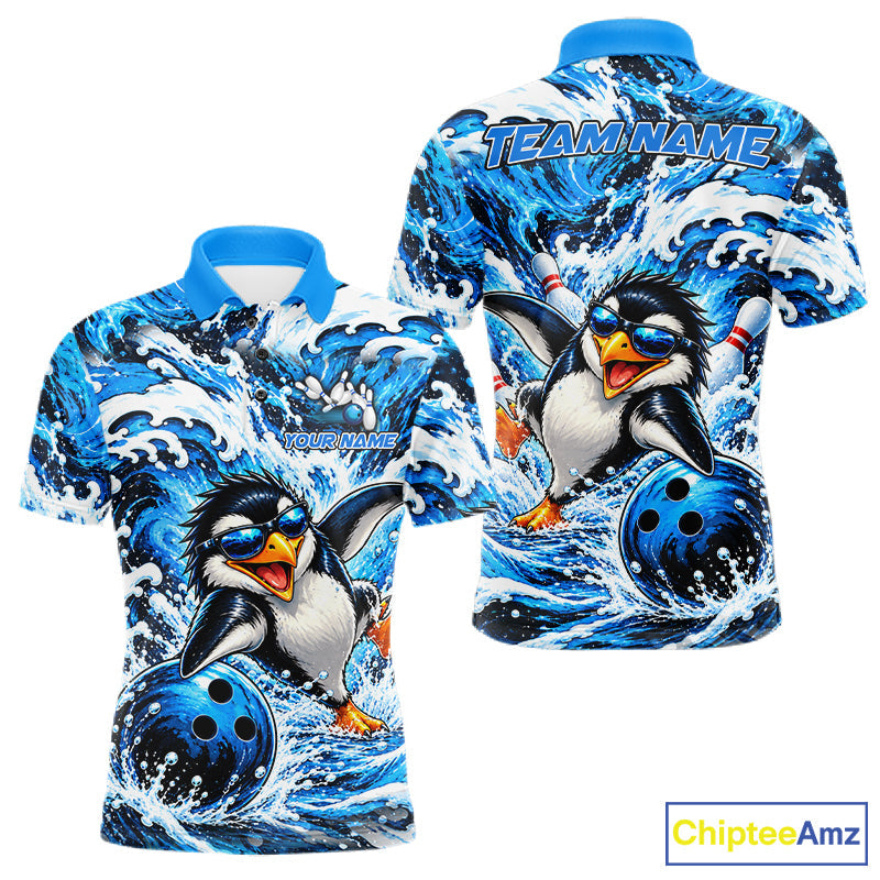 Custom Penguin Bowling Jersey Blue Wave Funny Bowling Polo 1/4-Zip Jersey Bowler Gift