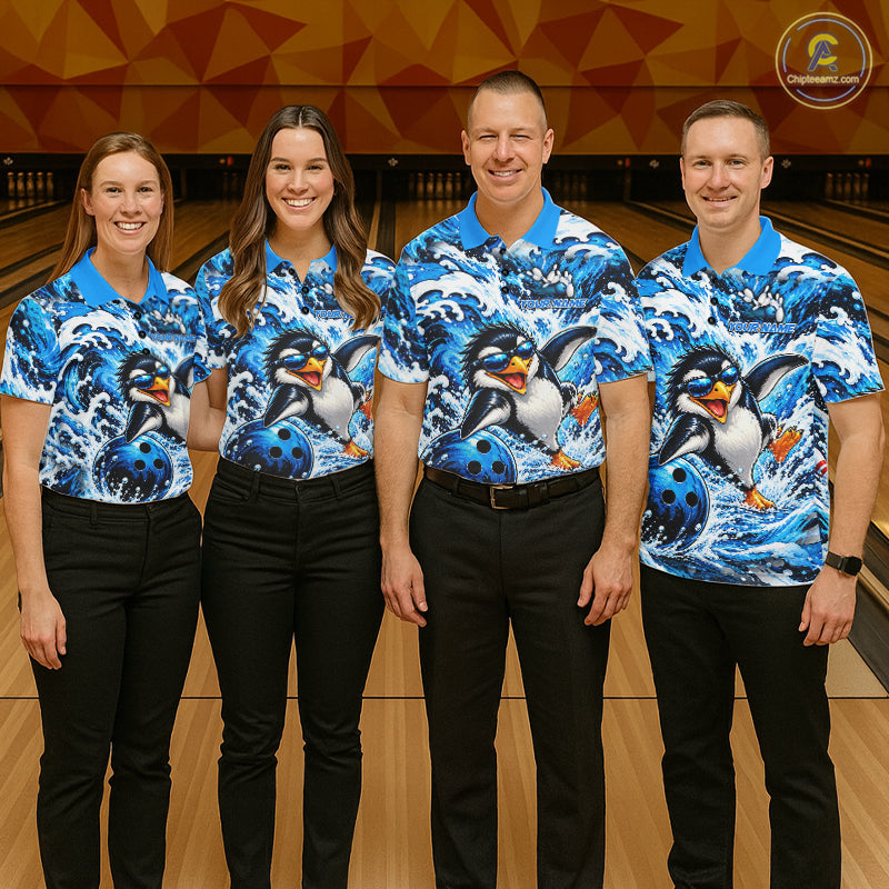 Custom Penguin Bowling Jersey Blue Wave Funny Bowling Polo 1/4-Zip Jersey Bowler Gift