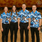 Custom Penguin Bowling Jersey Blue Wave Funny Bowling Polo 1/4-Zip Jersey Bowler Gift