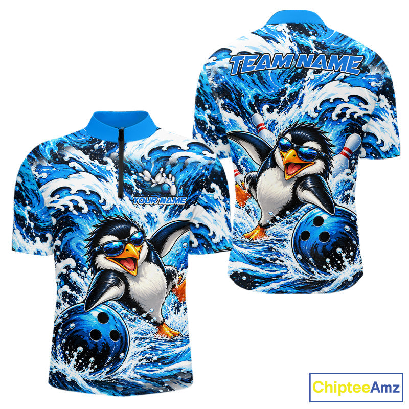 Custom Penguin Bowling Jersey Blue Wave Funny Bowling Polo 1/4-Zip Jersey Bowler Gift