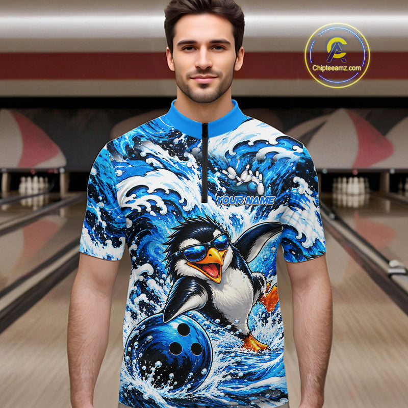 Custom Penguin Bowling Jersey Blue Wave Funny Bowling Polo 1/4-Zip Jersey Bowler Gift