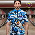 Custom Penguin Bowling Jersey Blue Wave Funny Bowling Polo 1/4-Zip Jersey Bowler Gift