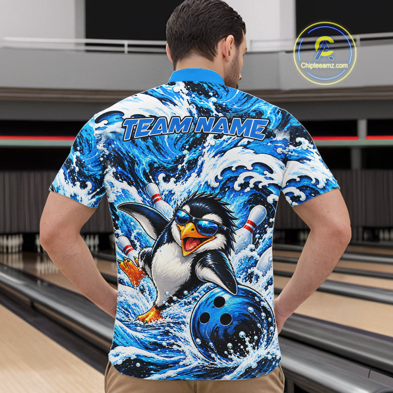 Custom Penguin Bowling Jersey Blue Wave Funny Bowling Polo 1/4-Zip Jersey Bowler Gift