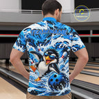 Custom Penguin Bowling Jersey Blue Wave Funny Bowling Polo 1/4-Zip Jersey Bowler Gift