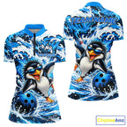 Custom Penguin Bowling Jersey Blue Wave Funny Bowling Polo 1/4-Zip Jersey Bowler Gift