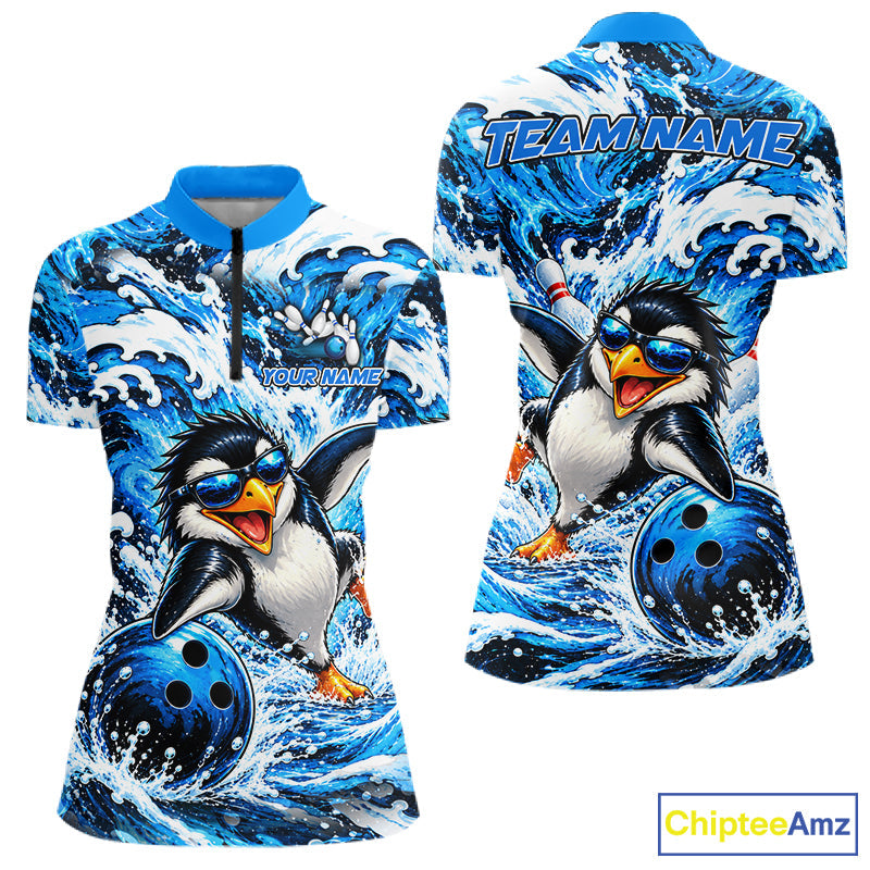 Custom Penguin Bowling Jersey Blue Wave Funny Bowling Polo 1/4-Zip Jersey Bowler Gift
