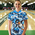 Custom Penguin Bowling Jersey Blue Wave Funny Bowling Polo 1/4-Zip Jersey Bowler Gift