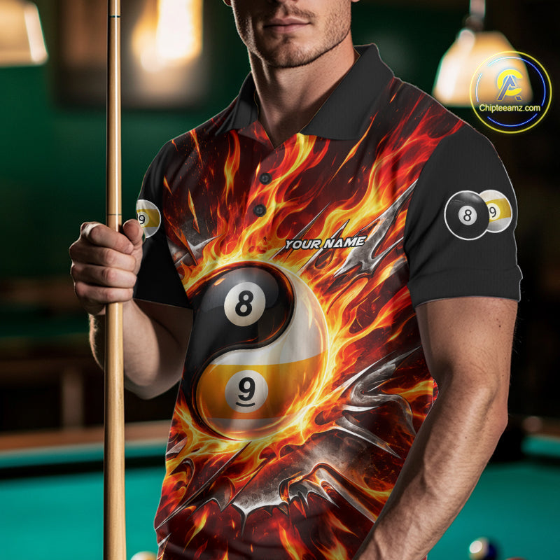 Personalized Yin Yang 8 Ball 9 Ball Billiard Shirt Red Flame Pool Billiard Jersey Team Uniform