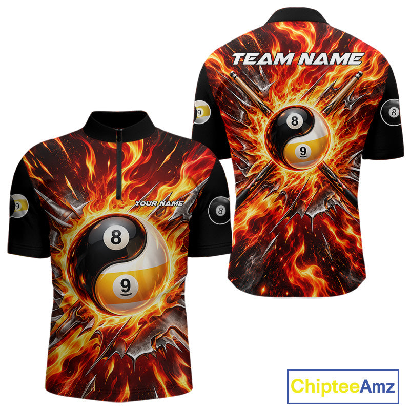 Personalized Yin Yang 8 Ball 9 Ball Billiard Shirt Red Flame Pool Billiard Jersey Team Uniform
