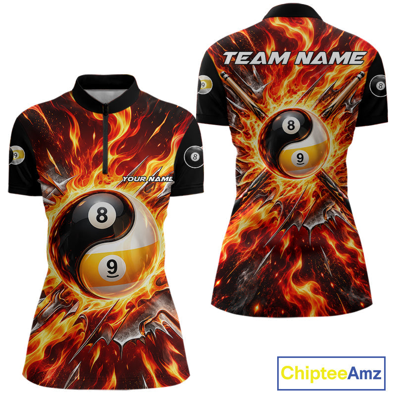 Personalized Yin Yang 8 Ball 9 Ball Billiard Shirt Red Flame Pool Billiard Jersey Team Uniform