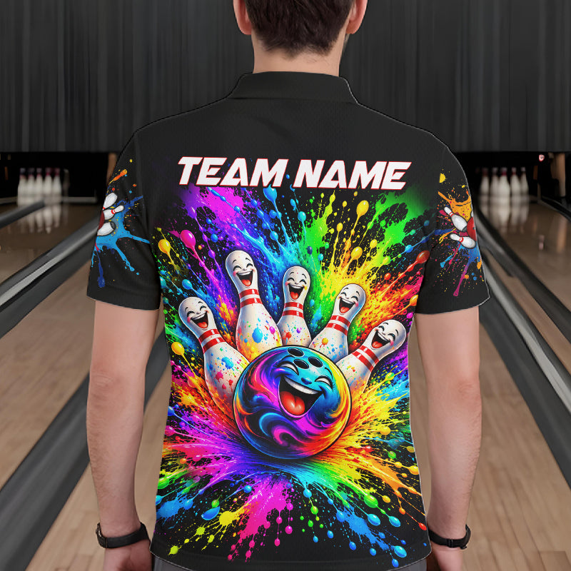 Custom Smiley Funny Bowling Jersey Colorful Splash Bowling Polo 1/4-Zip Tournament Shirt
