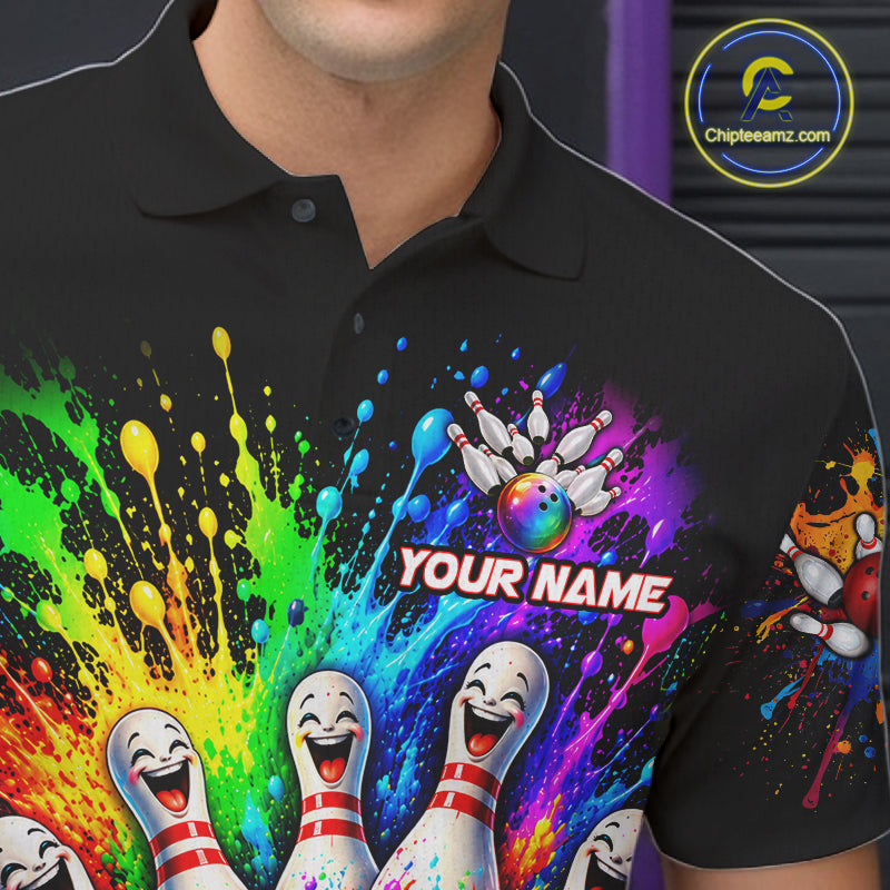 Custom Smiley Funny Bowling Jersey Colorful Splash Bowling Polo 1/4-Zip Tournament Shirt