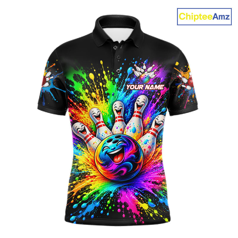 Custom Smiley Funny Bowling Jersey Colorful Splash Bowling Polo 1/4-Zip Tournament Shirt