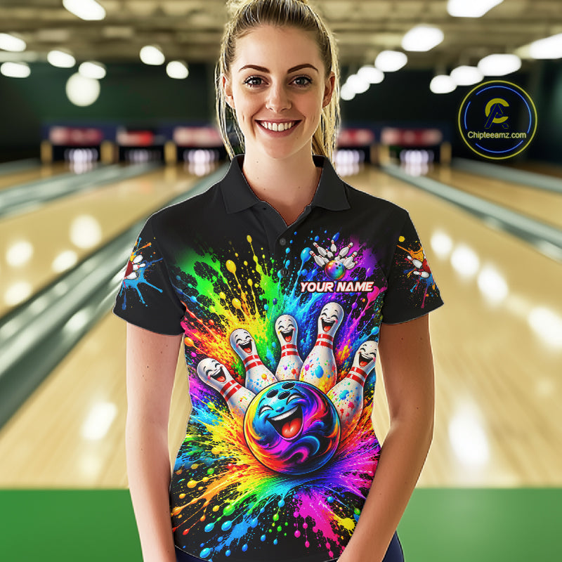 Custom Smiley Funny Bowling Jersey Colorful Splash Bowling Polo 1/4-Zip Tournament Shirt