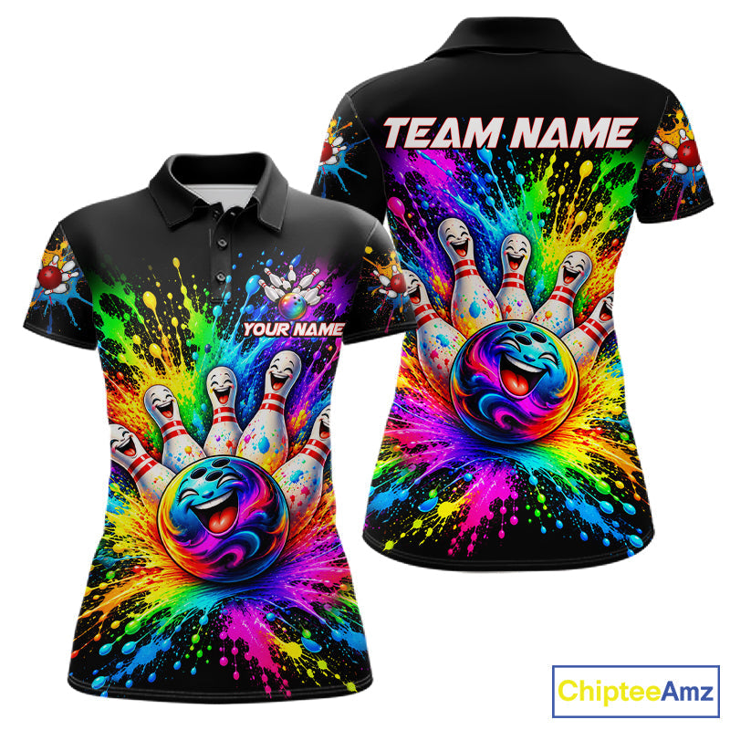 Custom Smiley Funny Bowling Jersey Colorful Splash Bowling Polo 1/4-Zip Tournament Shirt