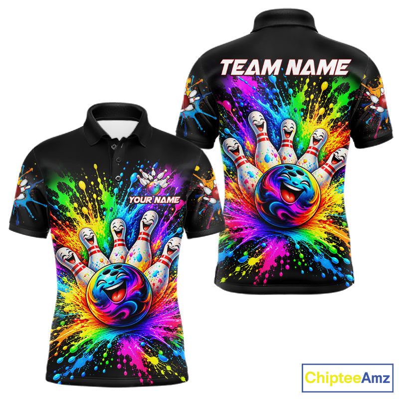 Custom Smiley Funny Bowling Jersey Colorful Splash Bowling Polo 1/4-Zip Tournament Shirt