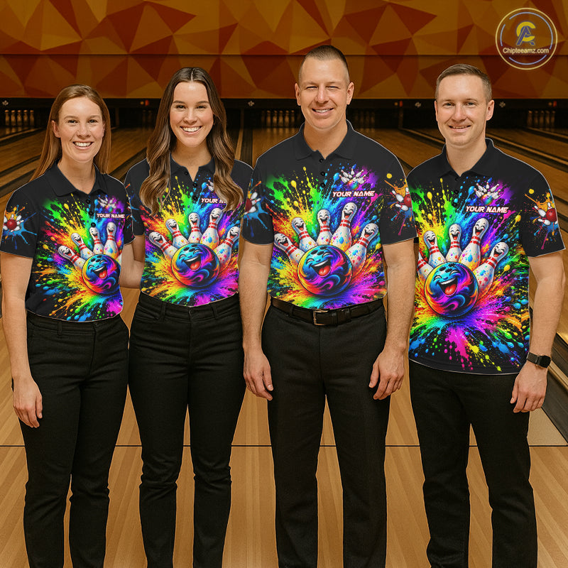 Custom Smiley Funny Bowling Jersey Colorful Splash Bowling Polo 1/4-Zip Tournament Shirt