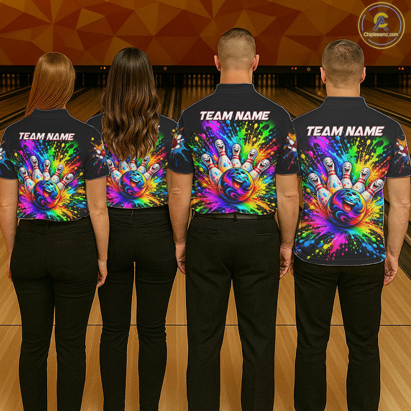 Custom Smiley Funny Bowling Jersey Colorful Splash Bowling Polo 1/4-Zip Tournament Shirt
