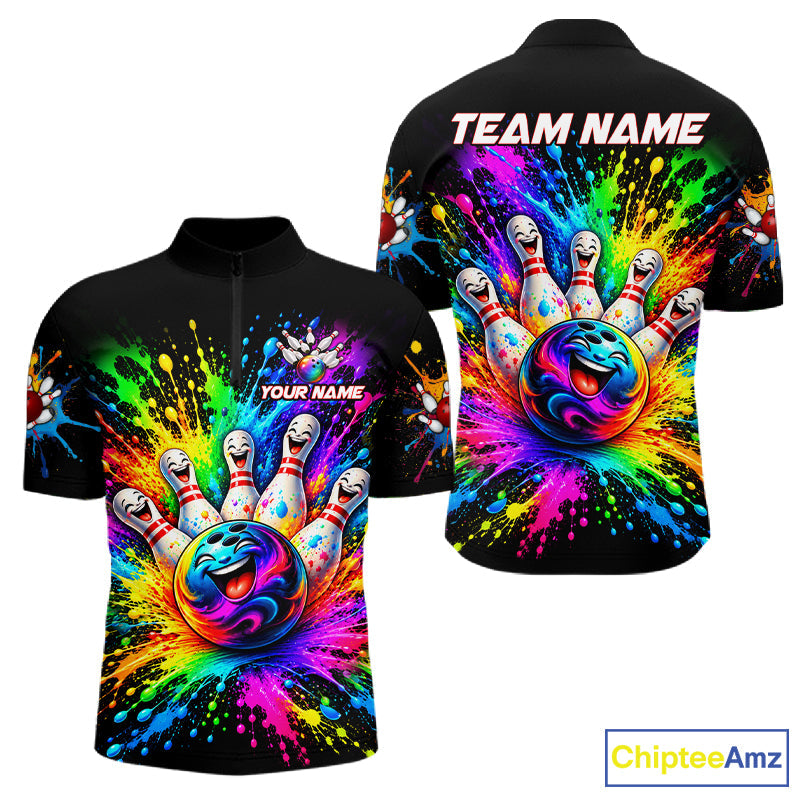 Custom Smiley Funny Bowling Jersey Colorful Splash Bowling Polo 1/4-Zip Tournament Shirt