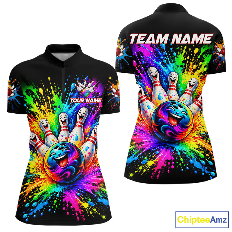 Custom Smiley Funny Bowling Jersey Colorful Splash Bowling Polo 1/4-Zip Tournament Shirt