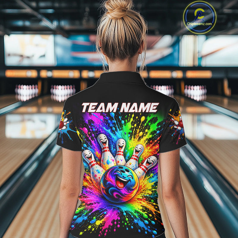 Custom Smiley Funny Bowling Jersey Colorful Splash Bowling Polo 1/4-Zip Tournament Shirt