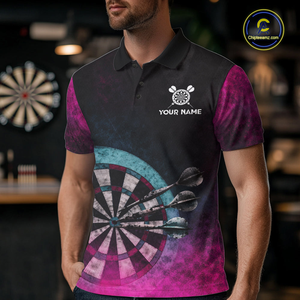 Blue & Pink Tie Dye Grunge Darts Polo Shirts Custom Wings Dartboard Team Jerseys