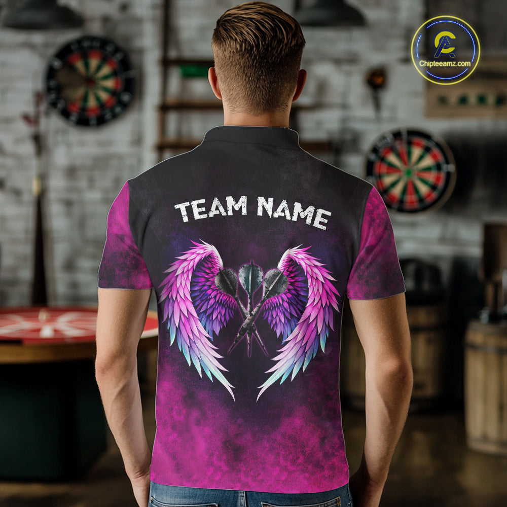 Blue & Pink Tie Dye Grunge Darts Polo Shirts Custom Wings Dartboard Team Jerseys