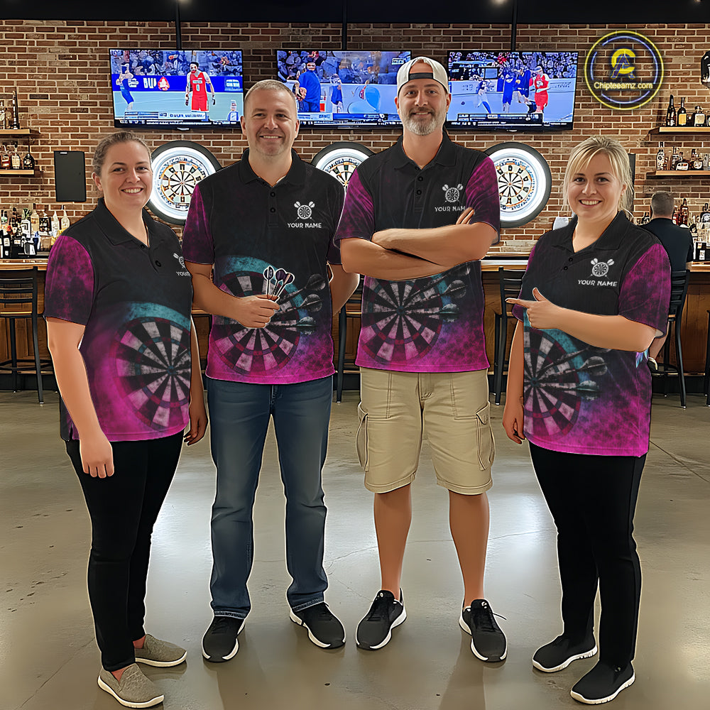 Blue & Pink Tie Dye Grunge Darts Polo Shirts Custom Wings Dartboard Team Jerseys